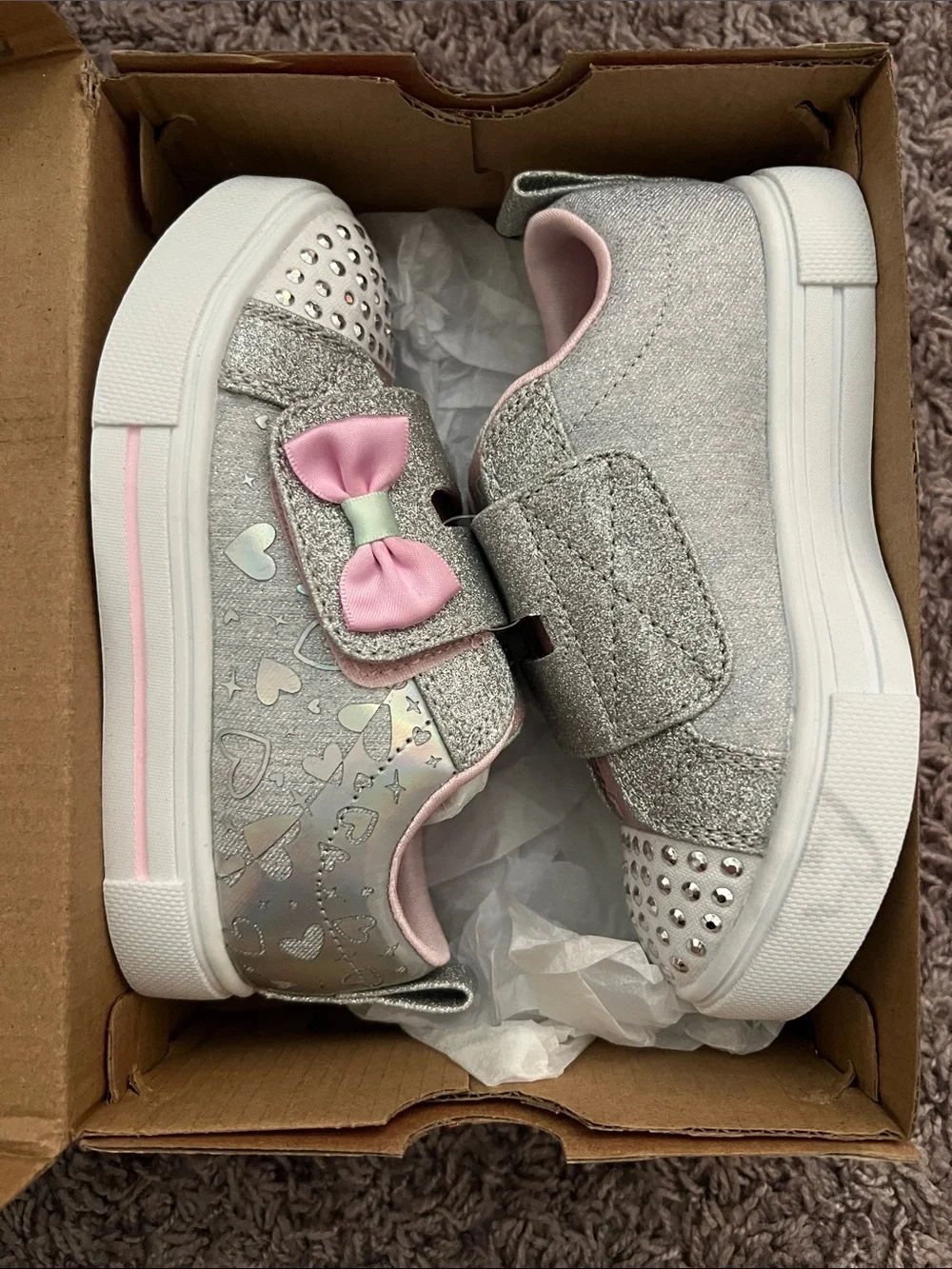 Skechers Girls Silver Glitter Sneakers with Pink Bow